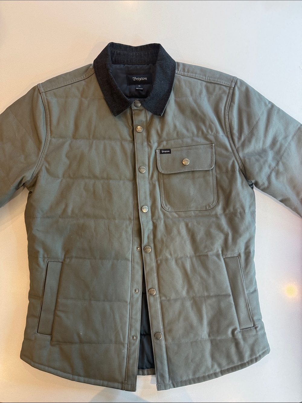Brixton Quilted Shirt Jacket in Olive with Black Collar